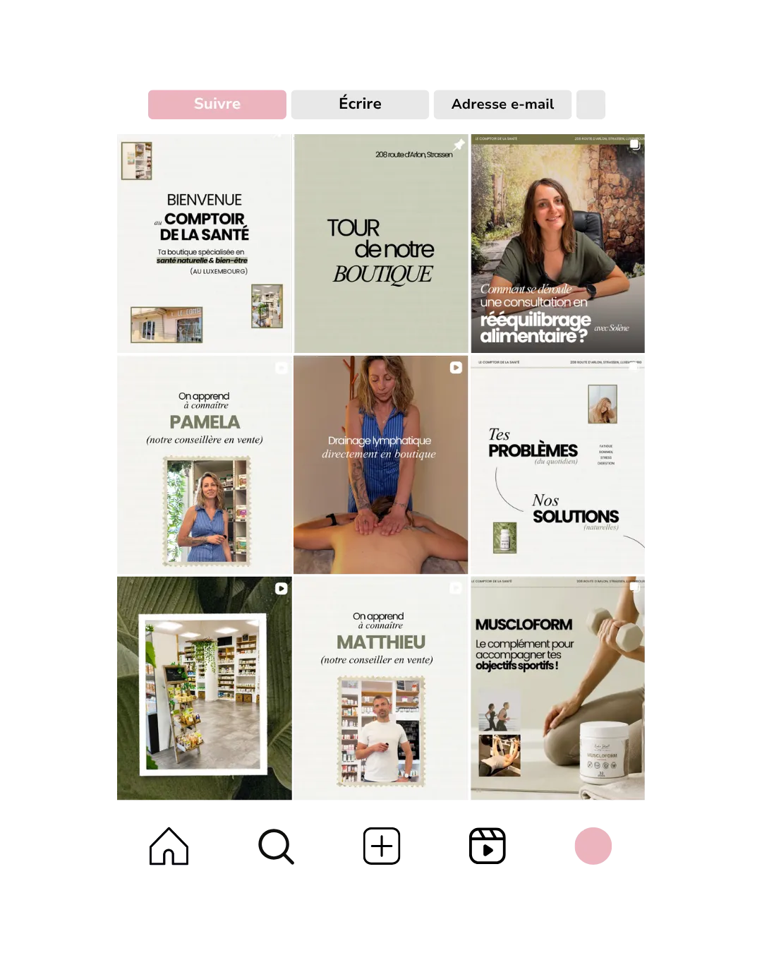 Feed Instagram du Comptoir de la Santé après l’accompagnement Studio Fanny — portraits de l’équipe, boutique et conseils