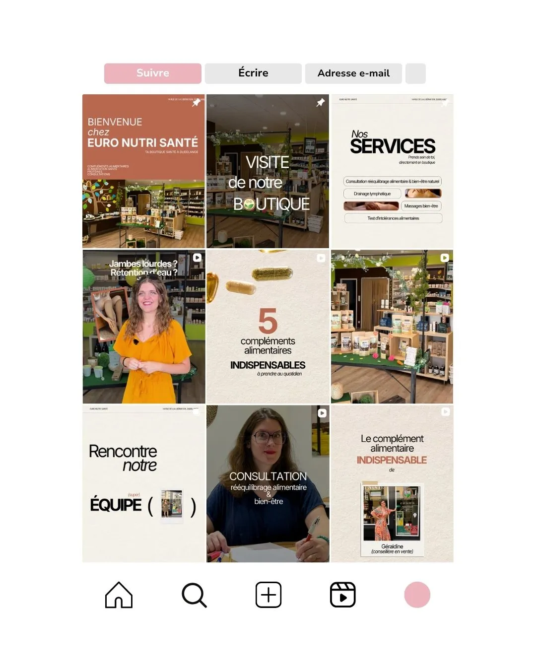 Feed Instagram d’Euro Nutri Santé après l’accompagnement Studio Fanny — équipe, boutique, services et conseils